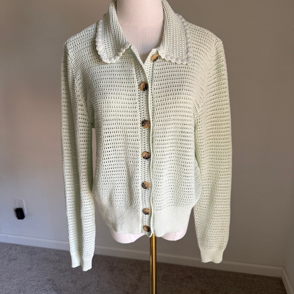 Ann Taylor Mint Green Crochet Collar Cardigan Pointelle Knit Button Front Medium
